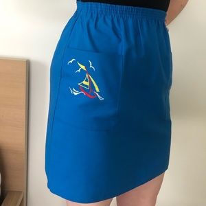 Vintage Sailboat Embroidered Skirt Blue 70s 1970s Sailor Blue Mini Unique Vibe